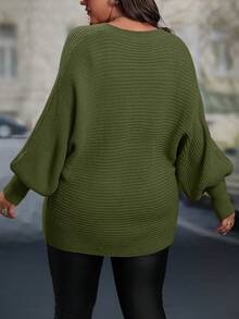 SHEIN LUNE 大码女式纯色V领长袖套头衫 - 綠色 - 查看 2