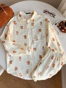 CovetEZ Bộ đồ thu đông 2 món dành cho nữ, áo sơ mi dài tay in hình gấu, áo phông và quần short, bộ đồ 2 món thoải mái và dễ thương cho nữ, phong cách Giáng sinh Halloween ngọt ngào. - trắng - Xem 5