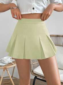 SHEIN Unity Preppy Style Casual Woman Solid Pleated Skirt - Lime Green - View 3