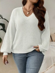 SHEIN LUNE 大码女式休闲纯色落肩长袖V领套头毛衣 - 米色 - 查看 5