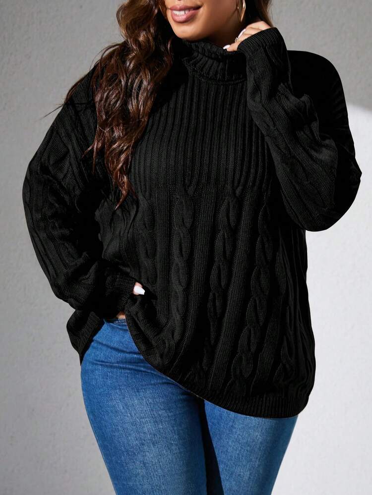 SHEIN CURVE+ 大码女式纯色高领落肩长袖麻花针织套头衫 - 黑色 - 查看 1