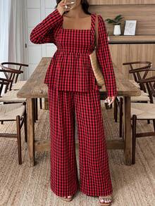 EMERY ROSE Plus Size Women's Casual Christmas Plaid Square Neck 2 Pieces Set, Autumn/Winter - Multicolor - View 5