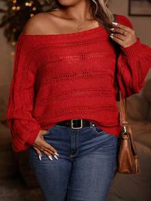 SHEIN LUNE 大码纯色露肩长袖镂空针织套头衫 - 紅色 - 查看 1
