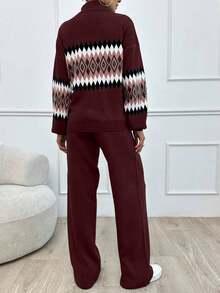 SHEIN Tall 女款幾何圖案高領毛衣 2件/套，小碼套裝，套裝，小碼，冬季衣物，高個女性 - 酒紅色 - 查看 2