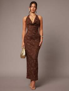 Silquee 畅销性感针织连衣裙，带有花卉串珠设计，优雅的紧身 V 领长裙，时尚网眼露背连衣裙，适合情人节约会、与朋友聚会、海滩度假、春夏连衣裙 - 卡其色 - 查看 3