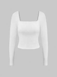 Nuvra 1pc Women's Slim Fit Solid Color Square Neck Long Sleeve Top - White - View 12