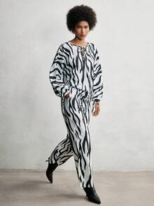 Chiquease 2pcs Classic Zebra Print Set,White Animal Print,Autumn,Elegant,Brunch,Sleeveless Top With Drawstring Neckline&Wooden Bead,Wide Pants Plus Size - Multicolor - View 5