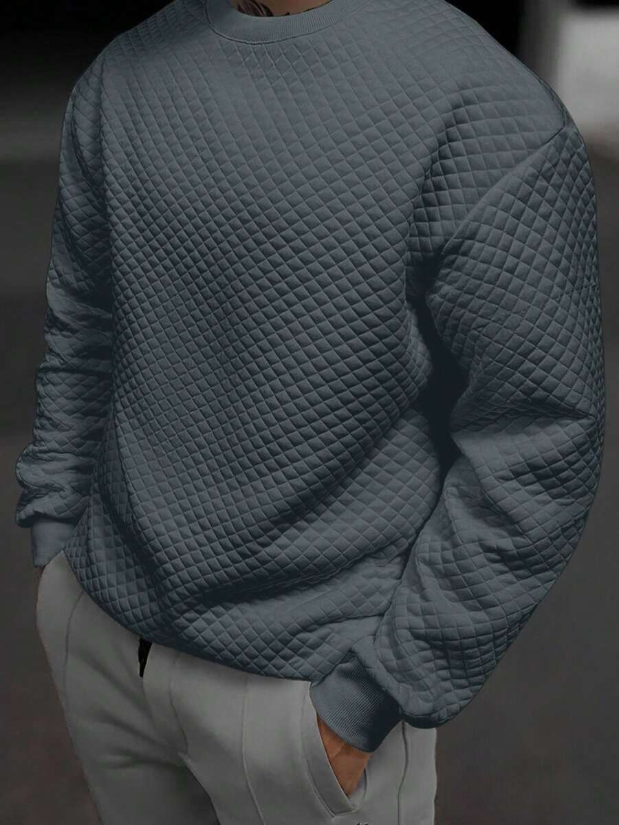 Manfinity Homme Men's Casual Solid Color Textured Sweatshirt, Autumn/Winter Men Pullover, Long Sleeve Top - Dark Grey - View 1