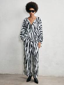 Chiquease 2pcs Classic Zebra Print Set,White Animal Print,Autumn,Elegant,Brunch,Sleeveless Top With Drawstring Neckline&Wooden Bead,Wide Pants Plus Size - Multicolor - View 6