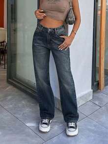 SHEIN Tall 100% Cotton HIGH RISE STRAIGHT CUT Y2K STYLE JEAN, Tall Women - Light Wash - View 5