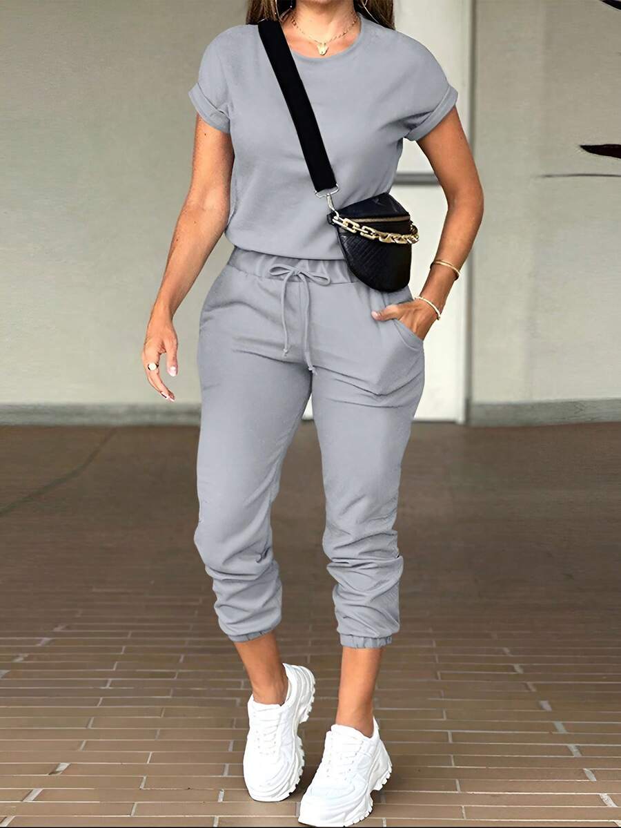 INAWLY Einfacher, stilvoller Jumpsuit für Damen mit Rundhalsausschnitt und Kurzarm, geeignet für den Sommer