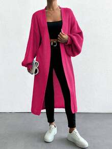 EURMUSE Women's Solid Color Casual Long Sleeve Cardigan,Petite Cardigans,Cardigans - Hot Pink - View 3
