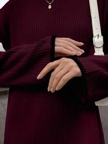 EURMUSE Stand Collar Contrast Trim Loose Long Sleeve Sweater Dress - Burgundy - View 3