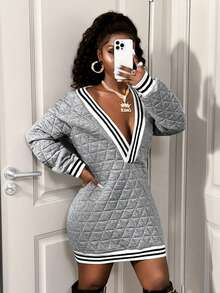 BamGleam Deep V-Neck Textured Padded Knit Striped Long Sleeve Fashionable Winter Mini Dress - Light Grey - View 4