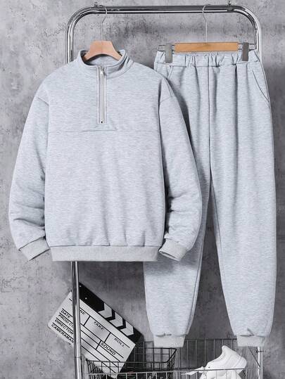 SHEIN 青少年男孩立领半拉链运动衫搭配休闲运动裤，面料舒适，适合户外和室内穿着