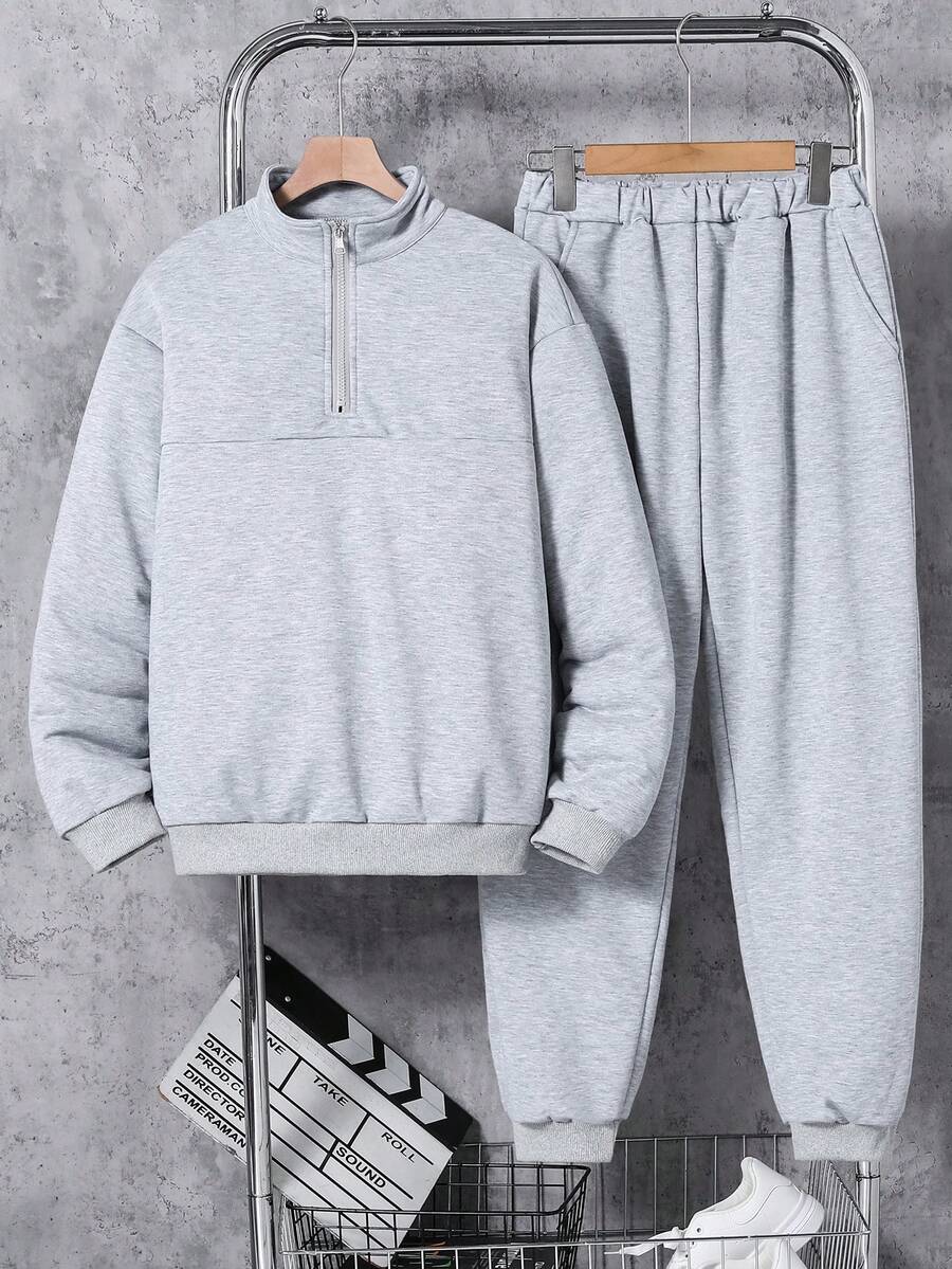 SHEIN Teenage Boys' Stand Collar Half-Zip Sweatshirt Paired With Casual Sports Pants, Comfortable Fabric, Versatile For Outdoor And Indoor Wear - Grey - View 1