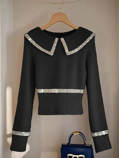 Franclia 女士优雅通勤简约时尚亮片和亮片拼布翻领插肩袖修身针织毛衣