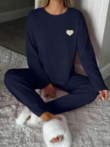 SHEIN Women 2pcs Heart Embroidery Detail Round Neck Long Sleeved Shirt&Pants Homewear Fashionable Lounge Set - Navy Blue - View 5