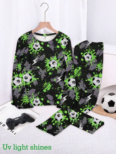青少年男童睡衣套装，夜光足球印花黑色圆领上衣搭配全印花短裤，休闲舒适宽松家居服，2 件套