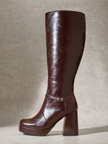 SHUZIA Bottes hautes femme à talon bloc stylées et confortables avec décoration boucle métallique