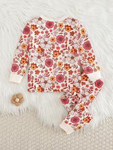 Cozy Pixies Baby Girl Floral Print Knit Soft Crew Neck Long Sleeve Top And Elastic Waist Leggings 2-Piece Pajama Set Snug Fit - Multicolor - View 2