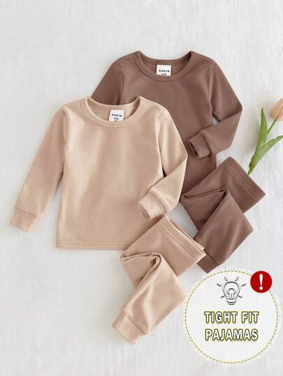 SHEIN 2 件套年轻女孩舒适睡衣，纯色针织柔软圆领长袖上衣和裤子