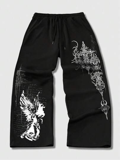 ROMWE MEN Goth 男士宽松舒适休闲运动直筒运动裤，黑色