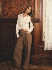 Aralina Fall / Winter Ruched Front Button Down Collared Long Sleeve Fitted Shirt , Ruched Shirt With Cinched Waist , Chic Cute Elegant Long Sleeve Going Out Top For Women Blouse Top - Apricot - View 1