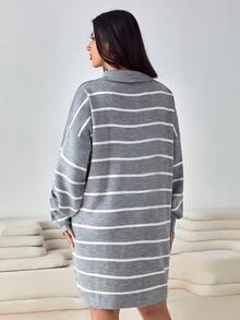 EURMUSE Plus Size Striped Pattern Zipper Detail Drop Shoulder Casual Sweater Dress - Light Grey - View 2