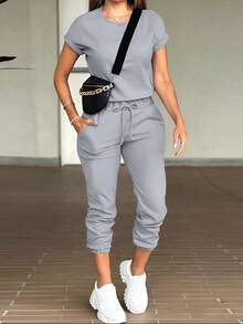 INAWLY Einfacher, stilvoller Jumpsuit für Damen mit Rundhalsausschnitt und Kurzarm, geeignet für den Sommer