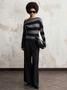 SHEIN LUNE Fashionable Contrast Stripe Asymmetric Shoulder Sweater, Autumn/Winter - Multicolor - View 3