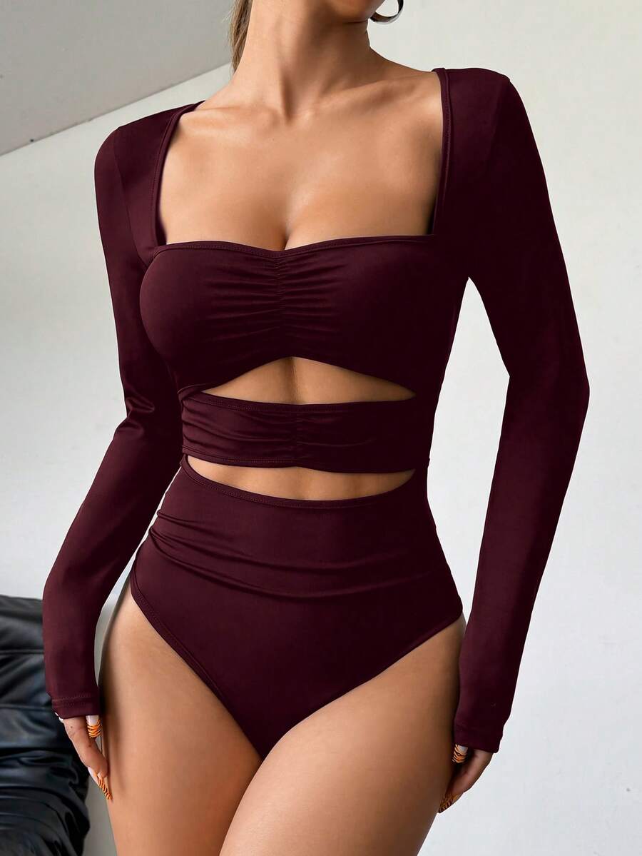 SHEIN Unity Bộ đồ bơi liền thân dài tay cổ vuông khoét lỗ thanh lịch cho nữ dài tay màu đen - Màu Đỏ Sâu - Xem 1
