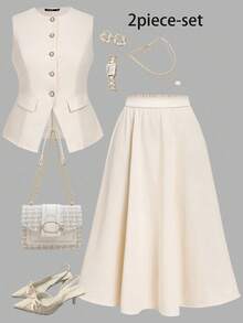 SHEIN MOD Plus Size Apricot Elegant Commuter Vest & Skirt Set Autumn Winter Clothes For Women. Outfit - Apricot - View 1