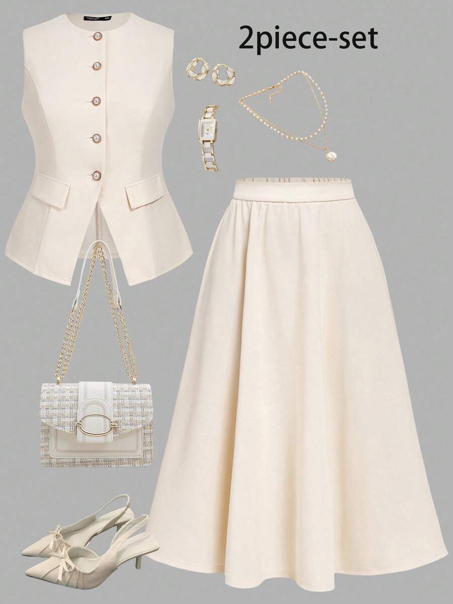 SHEIN MOD Plus Size Apricot Elegant Commuter Vest & Skirt Set Autumn Winter Clothes For Women. Outfit - Apricot - View 1