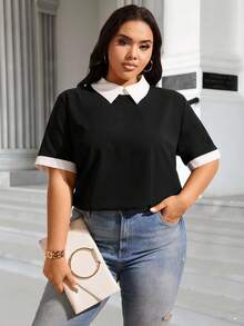 Easura Plus Size Color Block Short-Sleeve Blouse With Contrast Collar And Cuffs, Summer