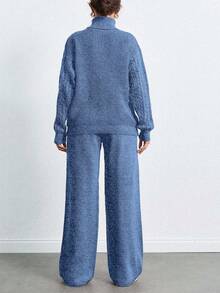SHEIN Tall 高領落肩袖毛衣與長褲套裝，女款套裝，小碼套裝，套裝，小碼，冬季衣物，高個子女性 - 霧霾藍 - 查看 2