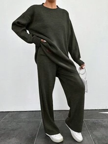 EURMUSE 2 pièces Set femme : pull col rond avec épaules tombantes & pantalon en maille - Militaire verte - Voir 7