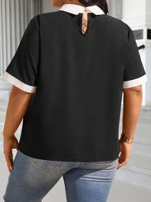 Easura Plus Size Color Block Short-Sleeve Blouse With Contrast Collar And Cuffs, Summer