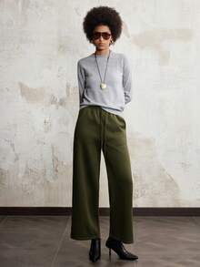 SHEIN Luminelle Women's Casual Straight Leg Pants With Back Pockets & Drawstring Waist - Army Green - View 6