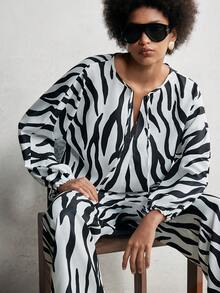 Chiquease 2pcs Classic Zebra Print Set,White Animal Print,Autumn,Elegant,Brunch,Sleeveless Top With Drawstring Neckline&Wooden Bead,Wide Pants Plus Size - Multicolor - View 1