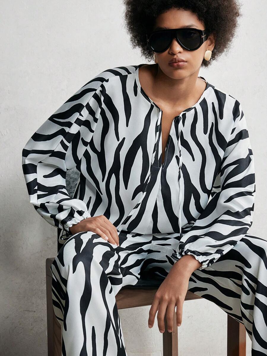 Chiquease 2pcs Classic Zebra Print Set,White Animal Print,Autumn,Elegant,Brunch,Sleeveless Top With Drawstring Neckline&Wooden Bead,Wide Pants Plus Size - Multicolor - View 1