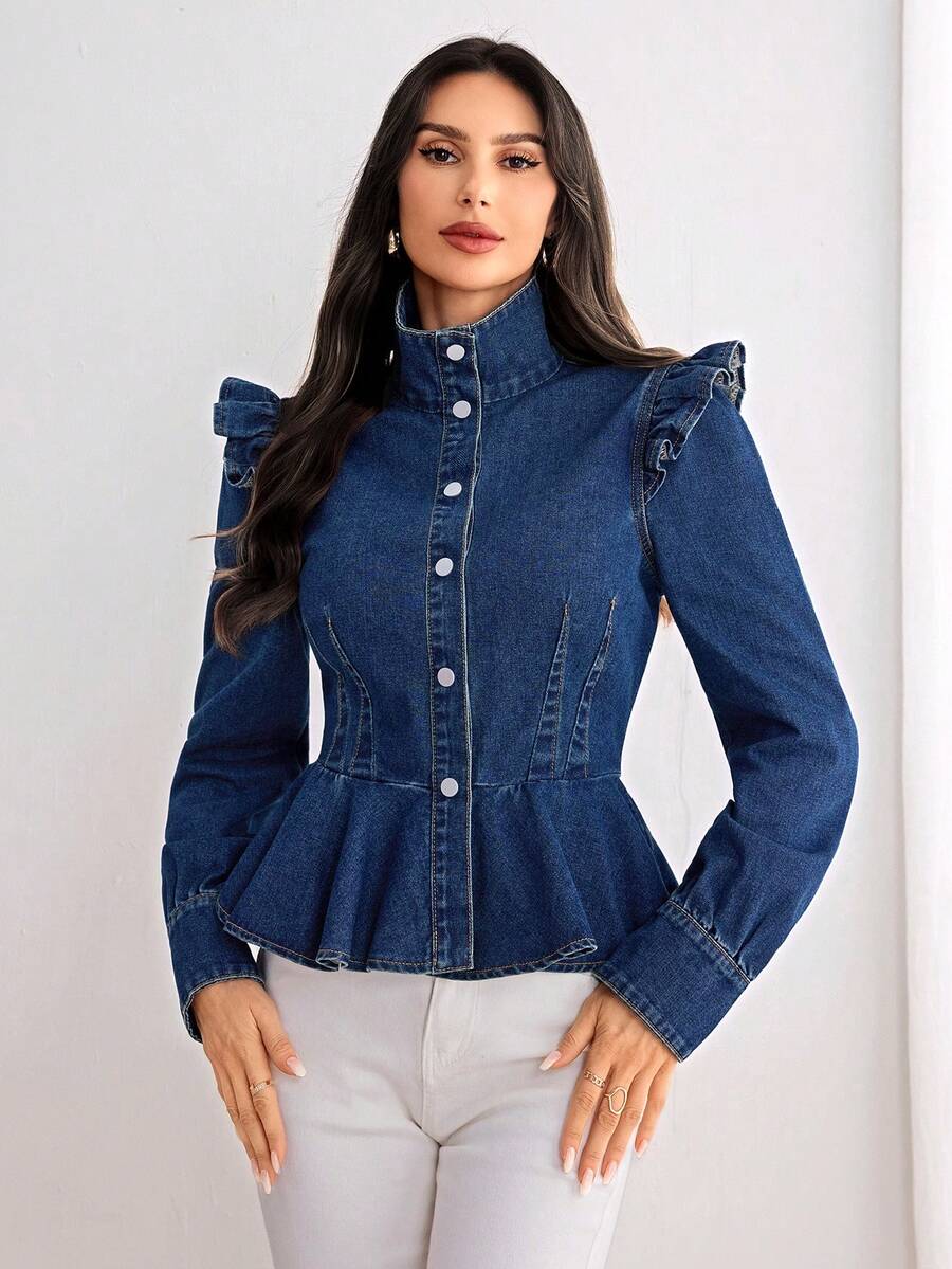 Elenzga 女士独特设计高品质蓝色牛仔长袖衬衫夹克，适合所有季节 - 深色水洗藍 - 查看 1