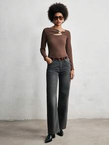 Lumivelle Women's Fashionable Front Button Decor Fitted Long Sleeve T-Shirt, Autumn - Brown - View 4