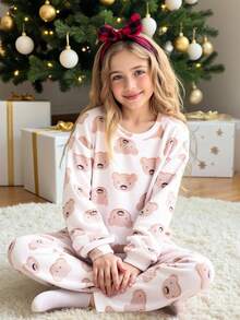 SHEIN 2 件套 Tween Girls 可爱熊图案柔软舒适羊毛圆领长袖上衣和裤子睡衣套装，秋冬 - 杏色 - 查看 12