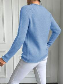 EURMUSE Solid Color Raglan Long Sleeve Sweater - Blue - View 2