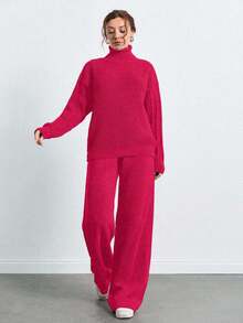 SHEIN Tall 高領落肩袖毛衣與長褲套裝，女款套裝，小碼套裝，套裝，小碼，冬季衣物，高個子女性 - 玫紅色 - 查看 4