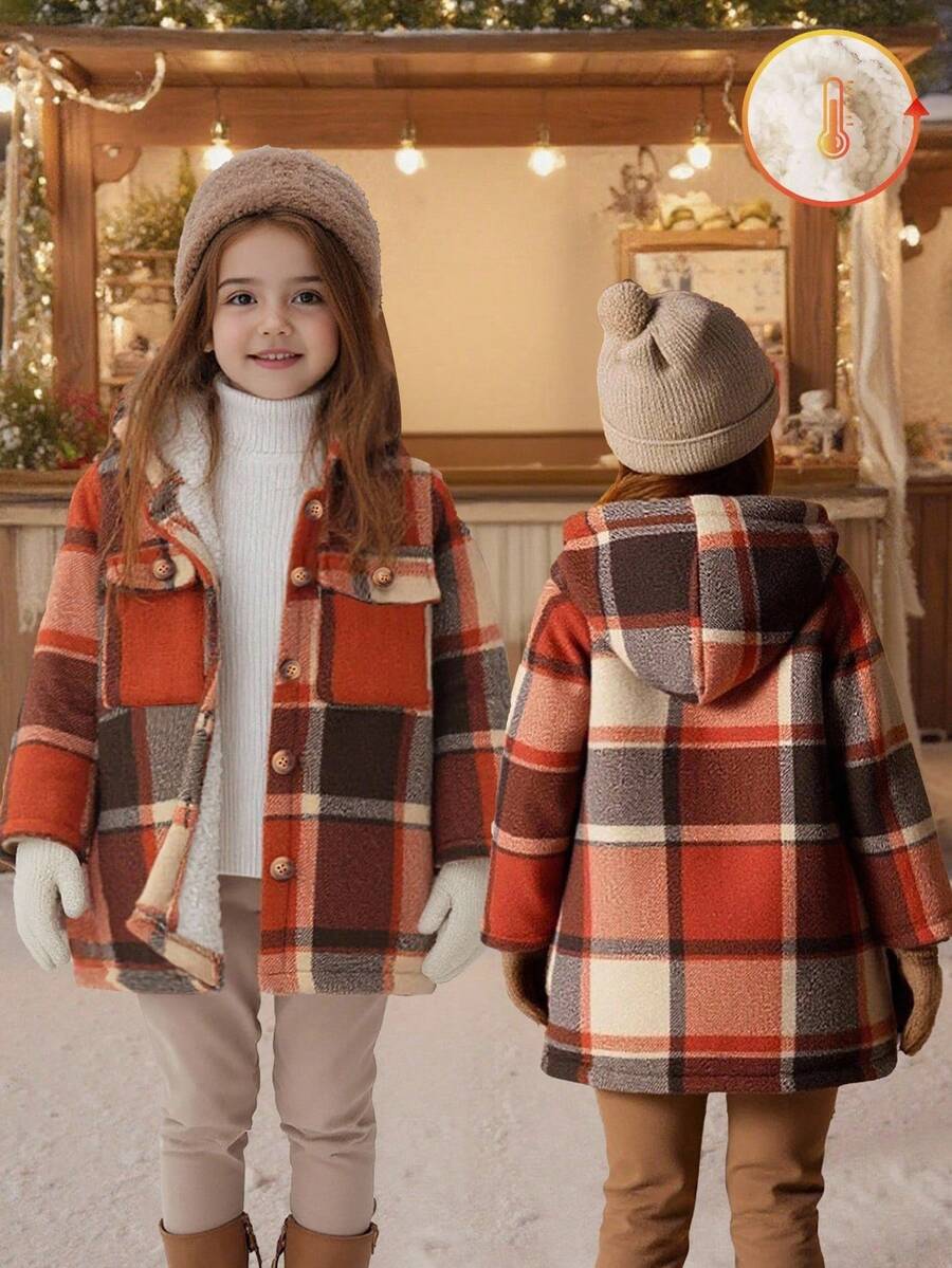 SHEIN Áo khoác trùm đầu lót nhiệt kẻ sọc cho bé gái, thường ngày cho mùa thu/đông Áo khoác mùa đông cho bé trai Áo khoác trùm đầu cho bé trai Áo khoác kẻ sọc cho bé trai Áo khoác lót Sherpa cho trẻ em Áo khoác mùa đông ấm áp cho trẻ em - trái cam - Xem 1