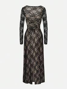 Nuvra 优雅合身美人鱼连衣裙，黑色蕾丝系带长袖及地开衩连衣裙 - 黑色 - 查看 2