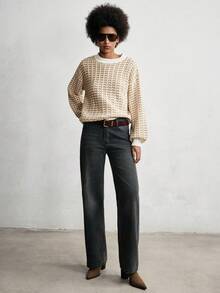 Lumivelle Women's Casual Fashion Young Minimalist Versatile Commute Loose Round Neck Lantern Sleeve Textured Knit Sweater, Autumn/Winter - Khaki - View 6