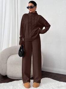 EURMUSE 2 Pieces Set: Ribbed Turtleneck Sweater And Knit Pants - Brown - View 4
